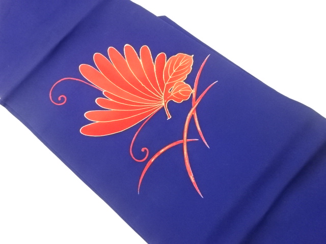 塩瀬金彩金駒刺繍芝草に抽象花・葉模様名古屋帯